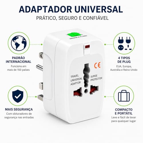 Adaptador de Tomada Universal Internacional - Padrão Mundial para Europa, EUA, UK e Japão - Bivolt com Trava de Segurança