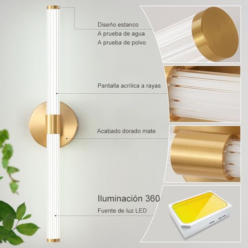 Deyidn Lámparas de tocador de baño dorado espejo LED luz ajustable 22,44 pulgadas moderna lámpara de pared escocesa de 360 ° 20w 3000k luz cálida