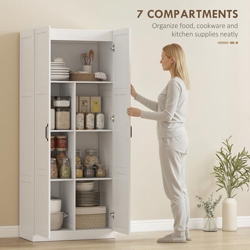 HOMCOM 71" Tall Kitchen Pantry Cabinet with Soft-Close Hinges, Modern Farmhouse Freestanding Pantry Storage Cabinet with 2 Framed Doors, 4 Adjustable Shelves, White