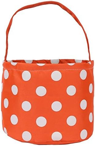 Jolly JonHalloween Trick or Treat Bags - Kids Candy Bucket Tote Bag - Orange with White Polka Dots - Basket 6.75" x 9"