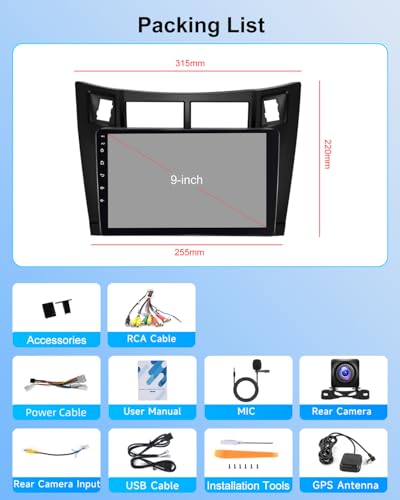 NHOPEEW 2G+64G Android Car Radio for Toyota Yaris 2005-2011 – Wireless Carplay and Android Auto – 9 Inch Stereo with WiFi GPS FM RDS + Rear Camera & Mic