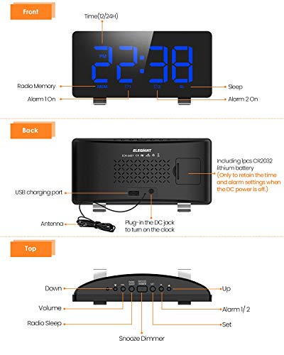 Digital Alarm Clock, ELEGIANT Alarm Clocks for Bedrooms with FM Radio, Dual Alarms, 6.7'' LED Screen, USB Port for Charging, 4 Brightness, 12/24H, Automatic Dimmer, Snooze Digital Clock for Kid Senior