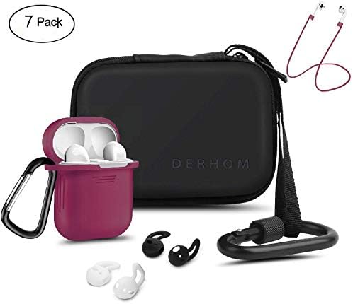 Airpods Accessories - Derhom Airpods Waterproof Silicone Hang Case Cover with Anti-lost Strap, Earhooks, Keychain, Headphone Accessories Storage Travel Bag for Apple Airpod 1&2 (Burgundy)