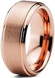 Tungsten Wedding Band Ring 8mm for Men Women Comfort Fit 18K Rose Gold Plated Plated Beveled Edge Brushed Polished