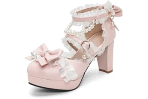 Women's Kawaii Lolita Platform Mary Jane Heels Chunky Cute Gothic Lolita Dress Shoes Bow Platform Heels