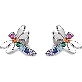 20g Dragonfly CZ Rainbow Colorful Minimalist Real 925 Sterling Silver Tiny Mini Cute Small Cartilage Stud Earrings for Women Teen Girls Little Sensitive Ear Dainty Simple Huggie Piercing Post Screw