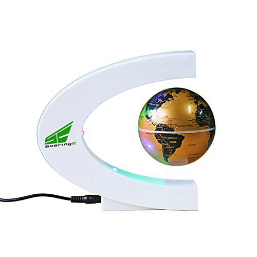 Magnetic Levitation Floating World Map Globe with LED Lights for Learning Education Teaching Demo Home Office Desk Decoration (C Shape White Base + Gold Globe)