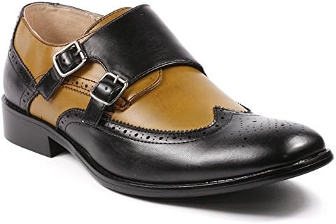 Magestik Men's Black Camel Brown Double Monk Strap Perforated Wing Tip Slip On Loafers Dress Shoes (11)