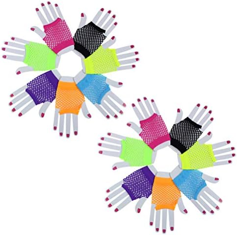 SmiDay 14 Pairs Neon Fingerless Gloves Fishnet Diva Punk Wrist Glove 80's Theme Womens, Girls, Children Costume Accessories