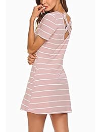 Vestido corto, de manga corta, con bolsillos, diseño a rayas, tipo camiseta, con espalda de diseño cruzado