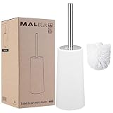Malka White Toilet Brush with Holder and Extra Brush - Long Heavy Duty Stainless Steel Handle - Toilet Bowl Scrubber Cleaner, Durable Shed-Free Scrubbing Bristles, Discreet Wand Stand