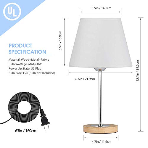 Small Table Lamps Set for Bedroom, Wood Desk Lamp with White Fabric Shade for Dresses, Nightstand, Bedside, Coffee Table in Living Room, College Dorm, Baby Room, Sliver