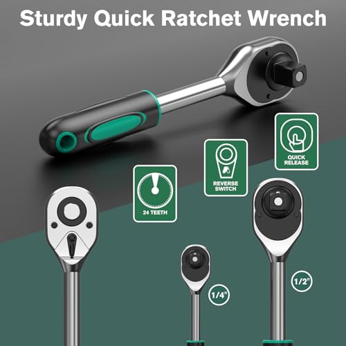 Ginour Socket Spanner Set 138-Piece 1/4 Inch & 1/2 Inch CR-V Ratchet Box with Bits, Extensions and Adapters, Tool Set for Car Repair and DIY