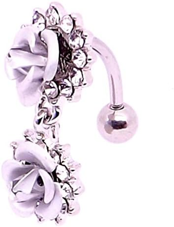 Double Silver White Rose Reverse wear belly bar Banana Barbell 14 Gauge (1.6mm x 10mm)