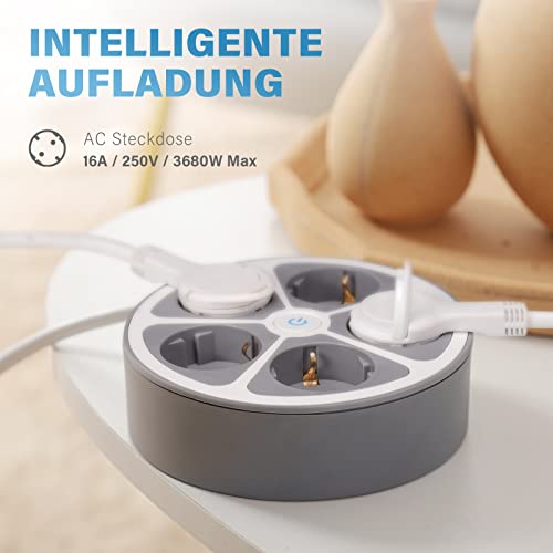 RealMade Steckdosenleiste 5 Fach, Mehrfachsteckdose mit Schalter, Verteilersteckdose Mit Kindersicherung, 1,5m Kabel Runde Mehrfachstecker, Steckerleiste für Büro Zuhause, Weiß+Grau