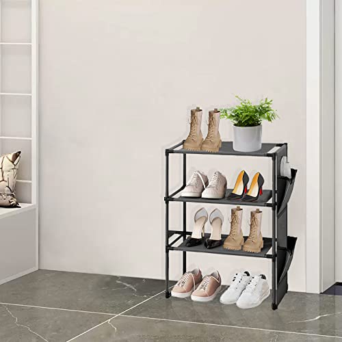 ivaxdayuqan Zapatero, zapatero, 3 niveles, negro, zapatero, estrecho, con 2 bolsillos laterales, organizador de zapatos para armario, pasillo, dormitorio, entrada, salón, ahorra espacio