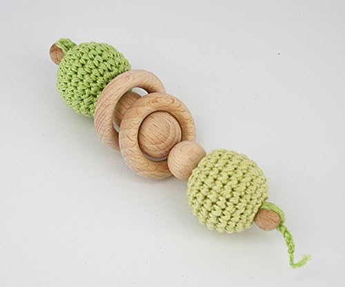 Green Baby rattle / Crochet rattle / Organic teething toy / Dumbell rattle / Wooden toy / Teething toy / Natural toy