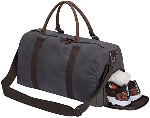 Canvas Duffle Bag with Shoe Compartment, Genuine Leather Trim Weekend Travel Tote Bag