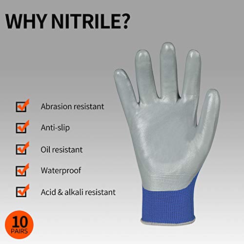 Vgo... 10Pairs Safety Work Gloves, Gardening Gloves, Non-slip Nitrile coating, Dipping Gloves (Size L, Blue, NT2110)