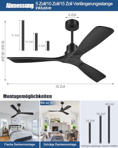 Forrovenco Ceiling Fan without Light 132 cm, Ceiling Fan with Remote Control, Outdoor Ceiling Fans, 3 Wooden Blades, 3 Extensions, 6 Levels, Reversible DC Motor, 132 cm, Black Without Light