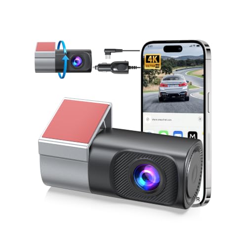 Gurkitsy Dashcam para Auto Frontal, 4K Mini Camara para Carro Wi-Fi, Compatible con WDR, Modo de Estacionamiento de 24 Horas, Tarjeta SD No Incluida, Cámara de Marcha atrás, Sensor G, hasta 128 GB