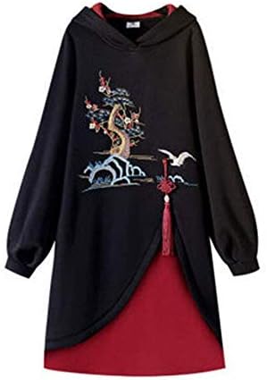 Janejp ファッション 秋冬 パーカー フード付き 重ね着風 パーカーワンピース 中国風 刺繍 チャイナドレス 漢服 ユニック デザイン コーデ 鶴柄 中華風 ゆったり トップス 長袖 チャイナ服 ロング ワンピース ドレス カジュアル 春 秋 冬 Blouselova Com