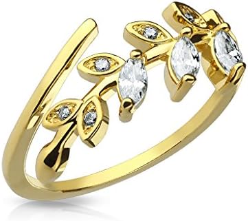 Marquise Cut CZ Set Leaf Adjustable Rhodium Plated Brass Finger Mid-Ring or Toe Ring