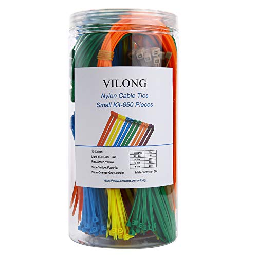 Nylon Zip Cable Tie Kit,Multi-Purpose Self-Locking Cable Ties Wire Tie Wraps - 650 Pieces (Combo Pack)- Multi Color,Assorted Lengths 4", 6", 8", 11" (45-LB Strength)