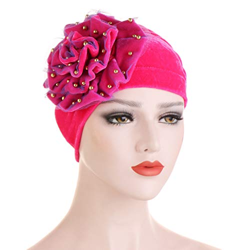 CapsA Women Turban Pearl Beading Floral India Hat Muslim Ruffle Chemical Cancer Chemo Beanie Wrap Cap Head Covering