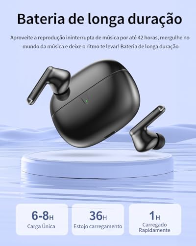 Fones de Ouvido Bluetooth 5.3 Fones de Ouvido Sem Fio 42 Horas de Reprodução Fones de Ouvido Esportivos com IPX5 à Prova d'Água Fones de Ouvido de Graves Profundos para iOS Android, Preto
