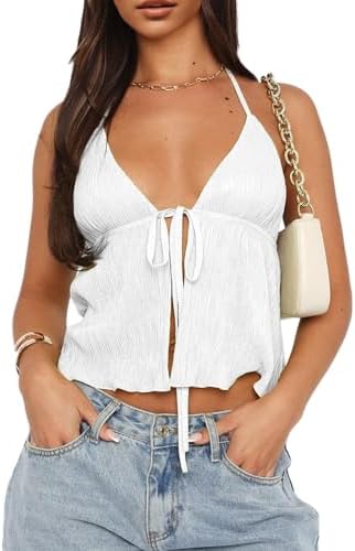 Women Y2k Front Tie Crop Tops Halter Neck Flowy Plisse Summer
