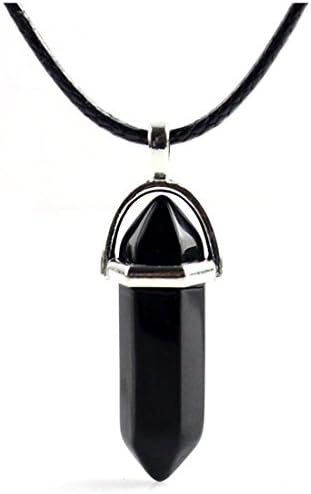 Gemstone Necklace Hexagonal Pointed Healing Crystal Quartz Pendant with 18" Leather Necklace (Black Agate)