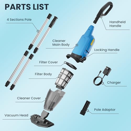 Cordless Handheld Pool Vacuum Cleaner, Rechargeable Pool Vacuum for Above-Ground & In-Ground Pools, Lightweight Spa and Hot Tub Cleaner with Strong Suction