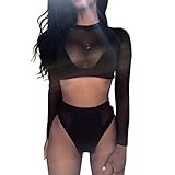 Diamondo Sexy Women Gauze Long Sleeve High Waist Two Piece Bikini Swimwear Swimsuit (Black, Asian S)