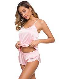 SWOMOG - Conjunto de pijamas sexy de seda y satén para mujer