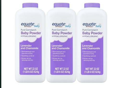 Equate Baby Pure Cornstarch Baby Powder – Hypoallergenic, Lavender & Chamomile – Talc-Free – 22 oz Each, Pack of 3 (Total 66 oz)