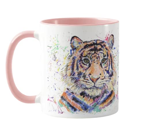 Vixar Tiger Watercolour Rainbow Art Coloured Mug Cup, Gift, Birthday, Work, Office, Christmas Tea Coffee (Pink)