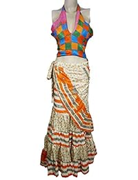 2 Pieces Womens Wrap Around Skirt with Halter Crop Top Upcycled Silk Full Length Flare Ruffle Maxi Dress