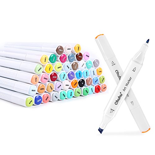 Ohuhu 48 Colors Dual Tips Art Sketch Twin Permanent Marker Pens Highlighters with Carrying Case for Drawing Coloring Highlighting and Underlining