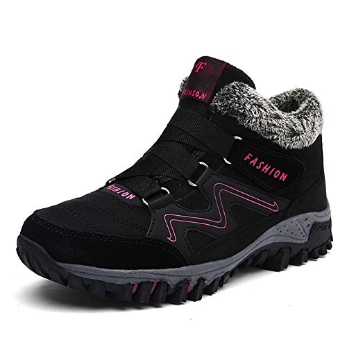 Asifn Men's Outdoor Snow Boots Winter Hiking Trekking Warm Climbing Shoes Booties Mid Top Fur&Plush Fashion Lace-Up Black Red