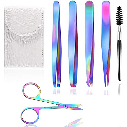 6 Pieces Rainbow Eyebrow Tweezers Set, Eyelash Extension Tweezers Kit