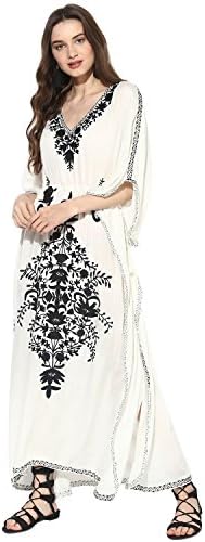 Women's Boho Embroidered White Kaftan (Free Size)