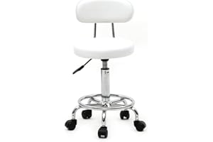 Volowoo Semi-PU Leather Nylon Stool,Multi-Purpose Adjustable Spa Bar Stool on Wheel for Work, Office, Desk, Salon, Drafting (Round Shape,with Back and Line, White)