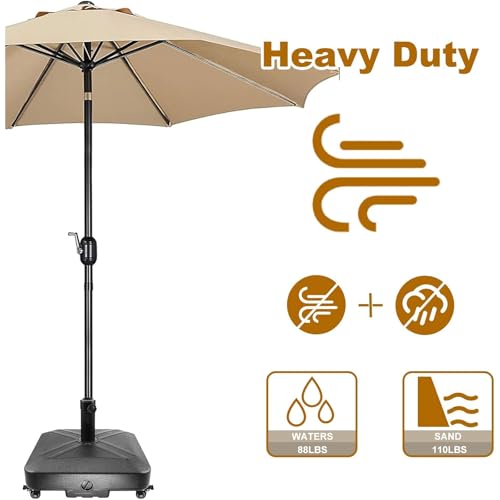 Homodoskey Patio Umbrella Base with Wheels, 125 lbs Capacity Umbrella Stand Base Heavy Duty For Outdoor Patio Deck Poolside Garden Beach, Fillable with Sand or Water, 48 * 48 * 39Cm Black