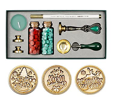 Christmas Sealing Wax Beads Set Vintage Wax Seal Stamp Kit Gift Box, 3 Wax Stamp Brass Heads with Retro handle, Spoon and Pen for Envelopes Letters Wedding Invitations Festival Cards Gift #Christmas