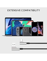 AUKEY - Cable USB C de 90 grados en ángulo recto [2 unidades, 6,8 pies] USB C a USB A de carga rápida de fibra de aramida trenzada de nailon tipo C para iPad Pro 2018, Samsung S9 S8 Note 9, LG V30 G6, Pixel 3 XL, GoPro