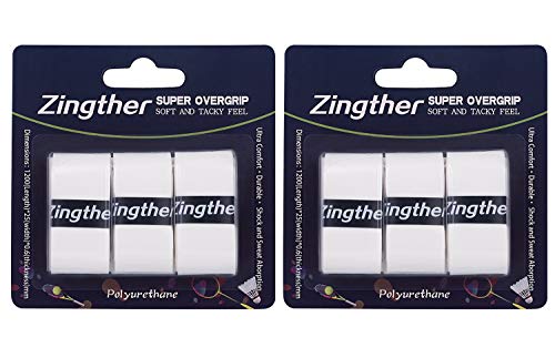 Zingther Premium Super Tacky Professional Tennis Racket Over Grip Overwrap Tape, Overgrip Replacement for Racquetball Racket, Squash Racquet and Badminton Racket (White/White, 6 Grips)