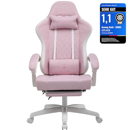 GTPLAYER Gaming Stuhl Ergonomischer Gaming Sessel Schreibtischstuhl mit Stoffoberfläche, Federsitzkissen, Verbindungsarmlehnen und Fußstütze 150KG, We