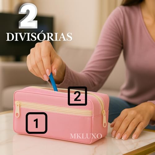 Estojo Escolar 2 Divisoria de Nylon Grande Transparente Organizador Material Lápis Caneta Borracha Papelaria Fofa Compartimento Fecho Metalico Volta as Aulas Box Necessaire Menino Menina (Rosa)