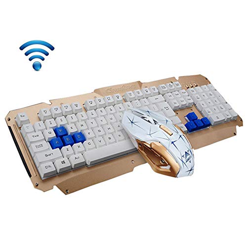 Wireless Keyboard and Mouse Set,Metal Panel 2.4GHz Multimedia Ergonomic USB Gaming Keyboard+1600DPI 6 Buttons Gamer Optical Mouse for PC Laptop TV Box Home Office Use (Gold)